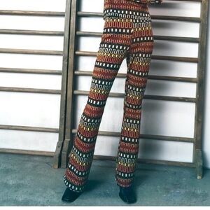 New Zara Geometric Jacquard Flare Leg Pants Bell Bottom Black Orange Yellow S